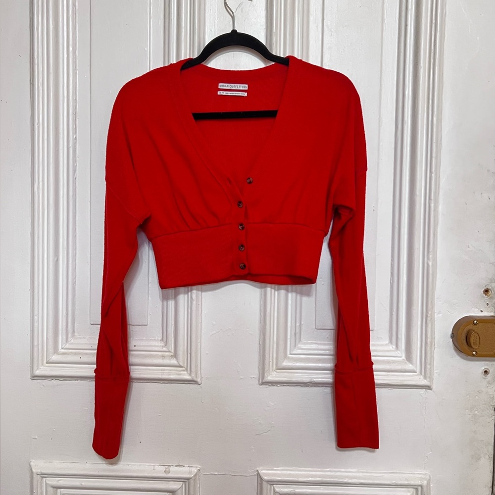 UO Cropped Red Farley Button Up